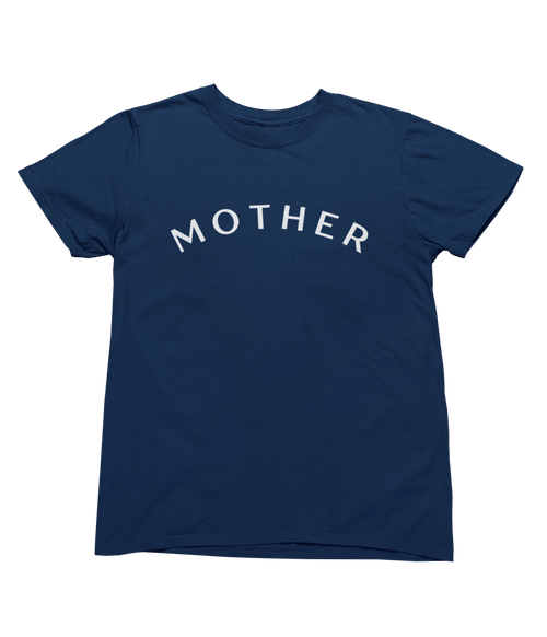 A chic and minimalist navy blue "Mother" Short Sleeve T-Shirt with the word "MOTHER" printed in capital white letters across the chest in a slight arc. This motherhood shirt features short sleeves and a round neckline, displayed on a plain black background.