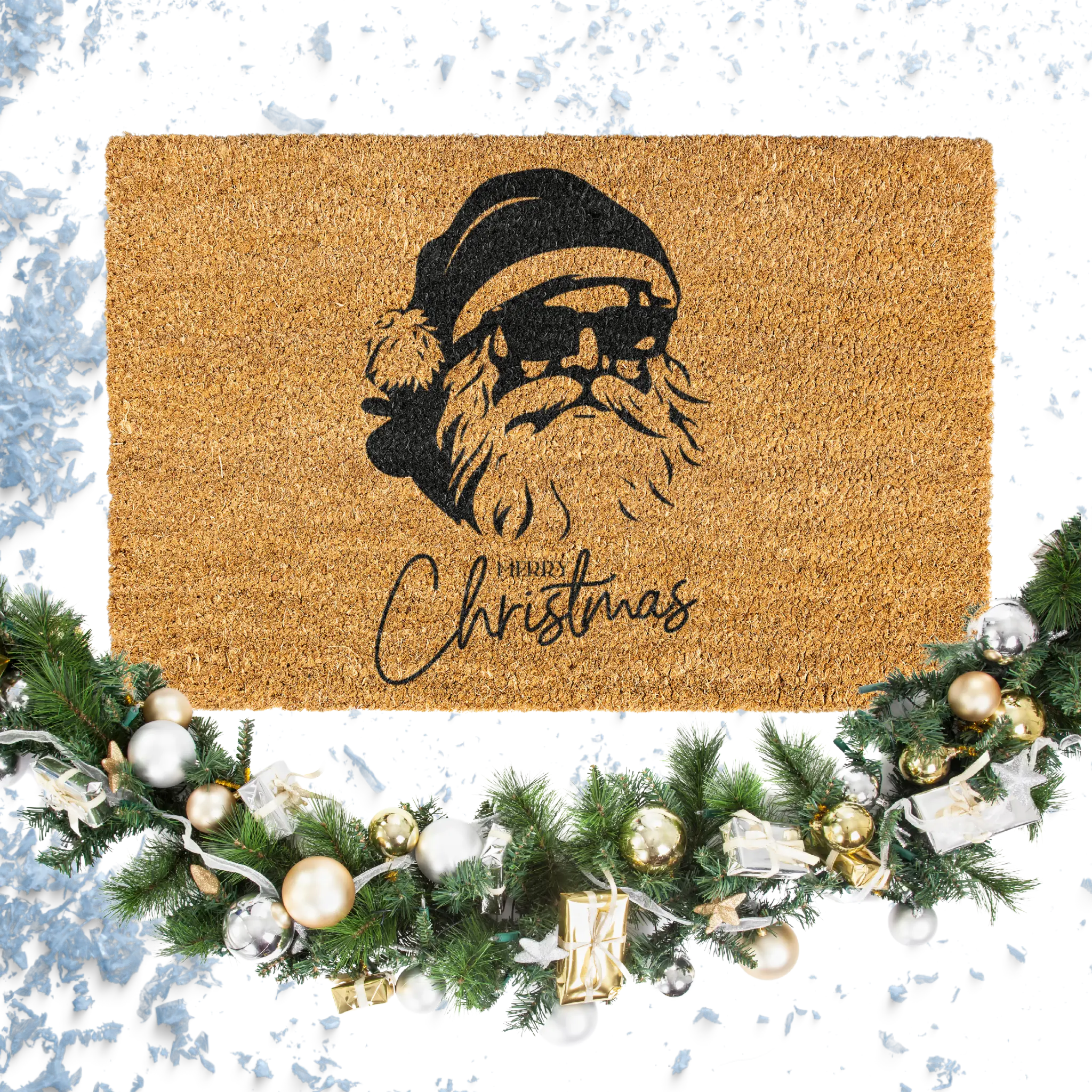 Doormat with Santa Claus design and 'Merry Christmas' text, surrounded by festive decorations on a snowy background.