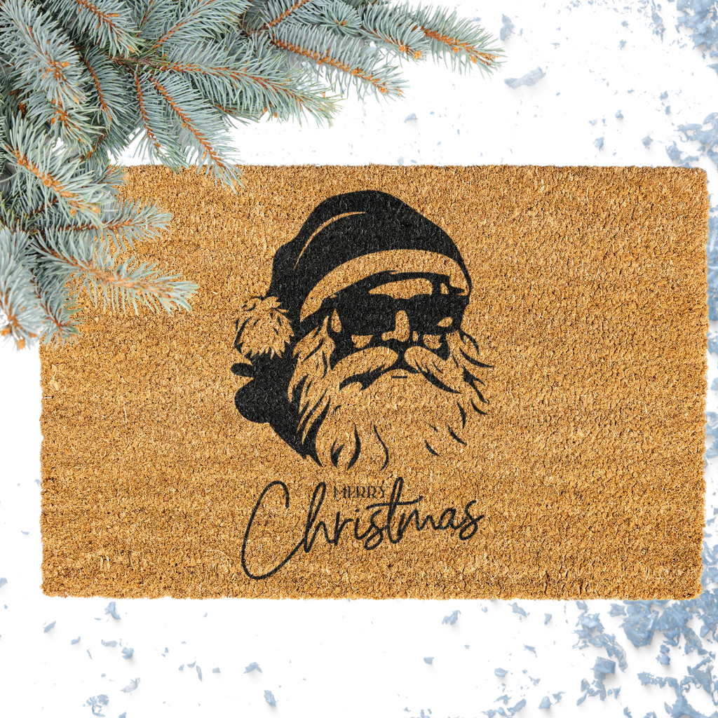 Christmas door mat with santa wearing sunglasses and Merry Christmas messaging. 