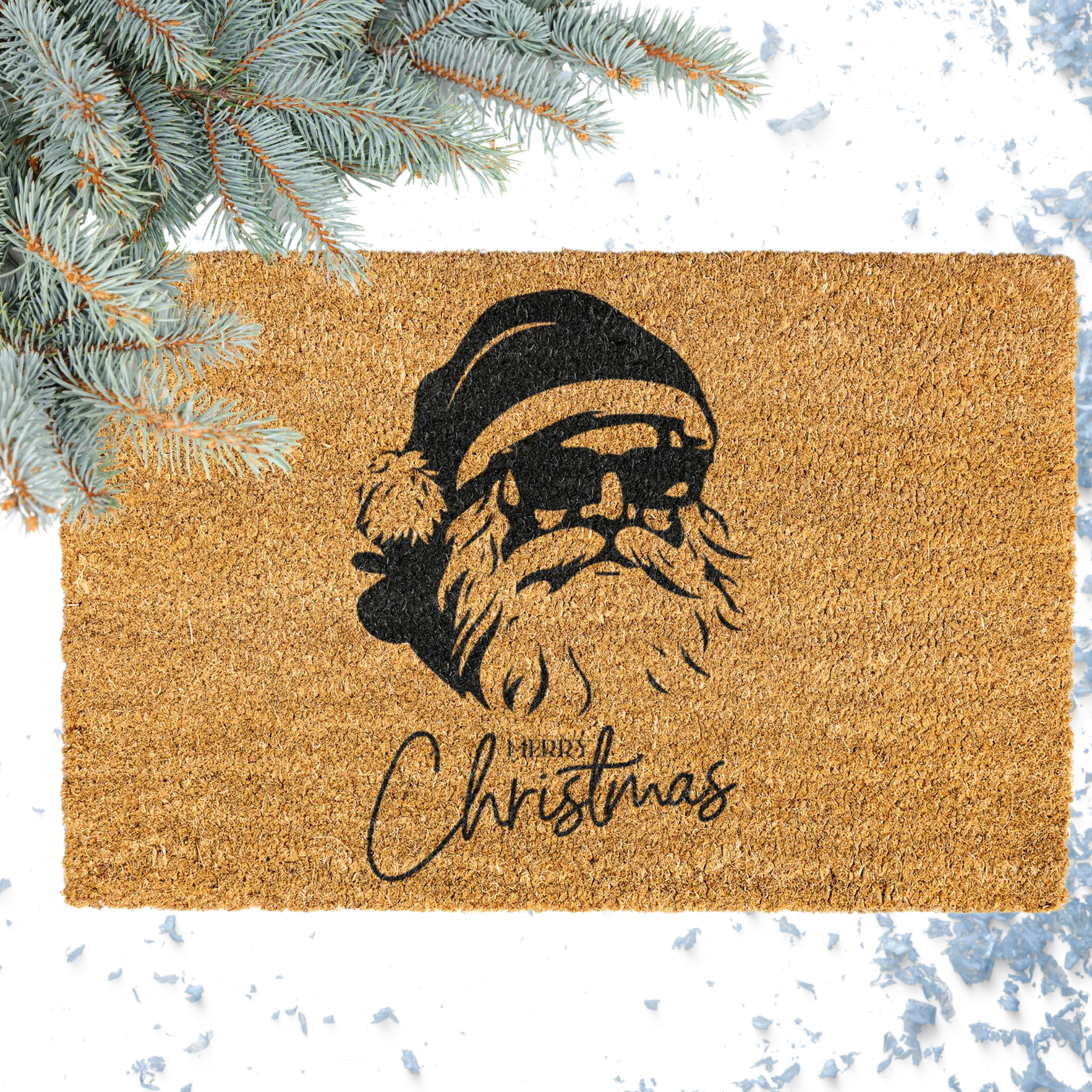Christmas door mat with santa wearing sunglasses and Merry Christmas messaging. 