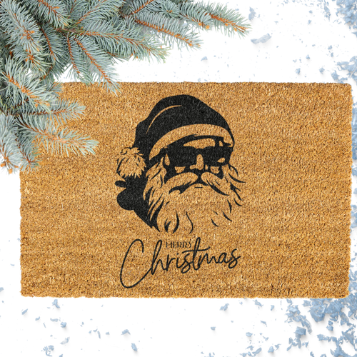 Christmas door mat with santa wearing sunglasses and Merry Christmas messaging. 