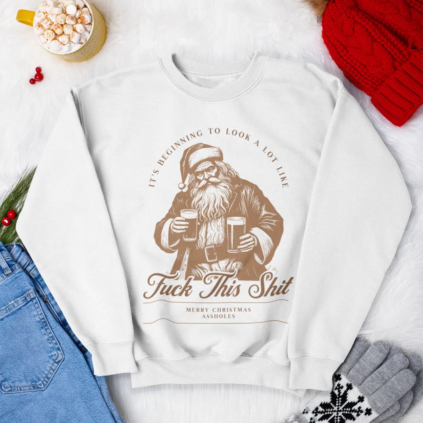 Close-up detail of "F*** This Shit" Christmas crewneck showing drunk Santa with beers design - sarcastic holiday sweatshirt for stressed people