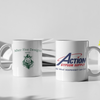 Two white mugs showcasing personalized products; one with After Five Designs logo and another with Action Gypsum Supply logo, ideal for custom brand promotions."