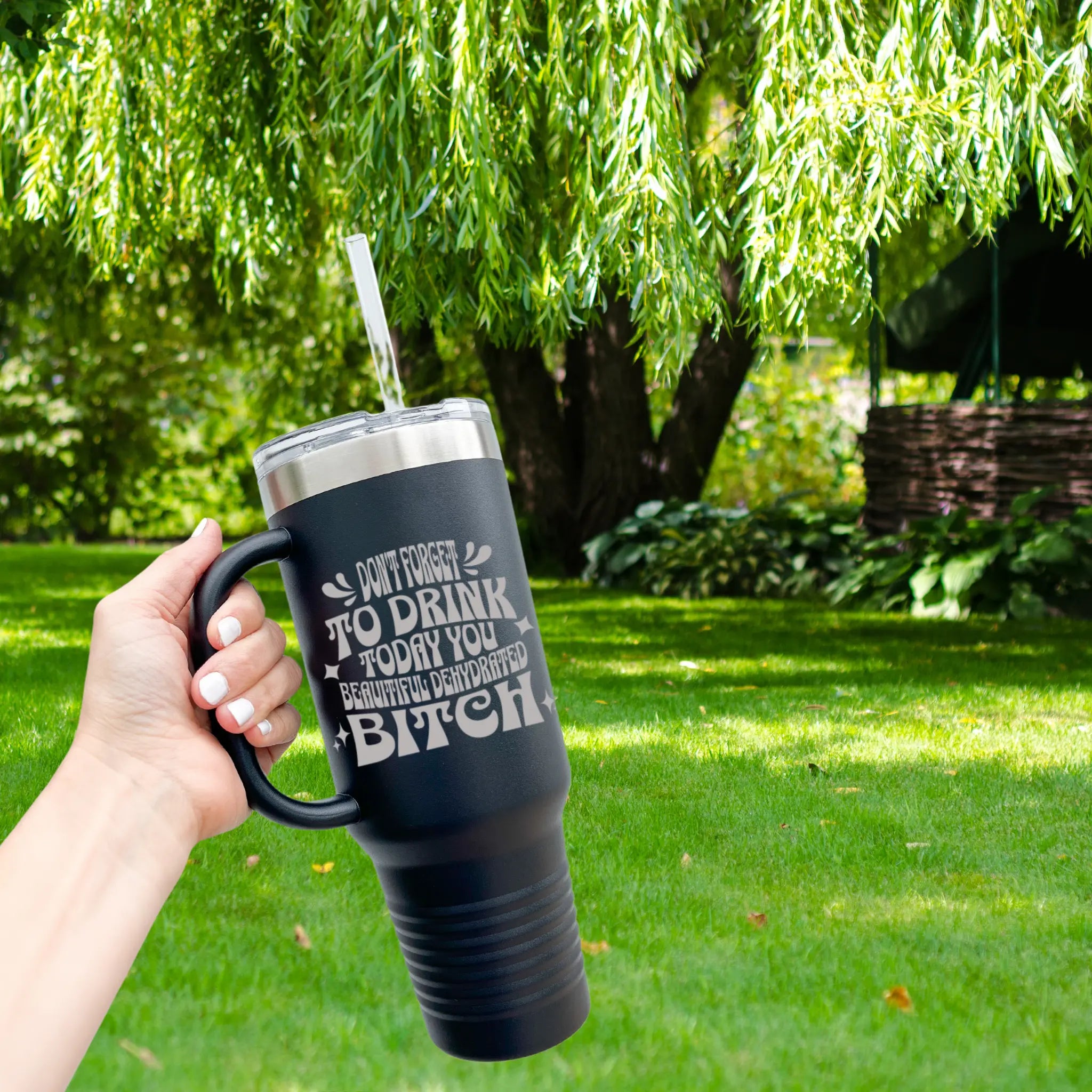40oz laser etched "Don't Forget to Drink Beautiful Dehydrated Bitch" tumbler in yellow with handle - insulated hydration reminder with hilarious sarcasm