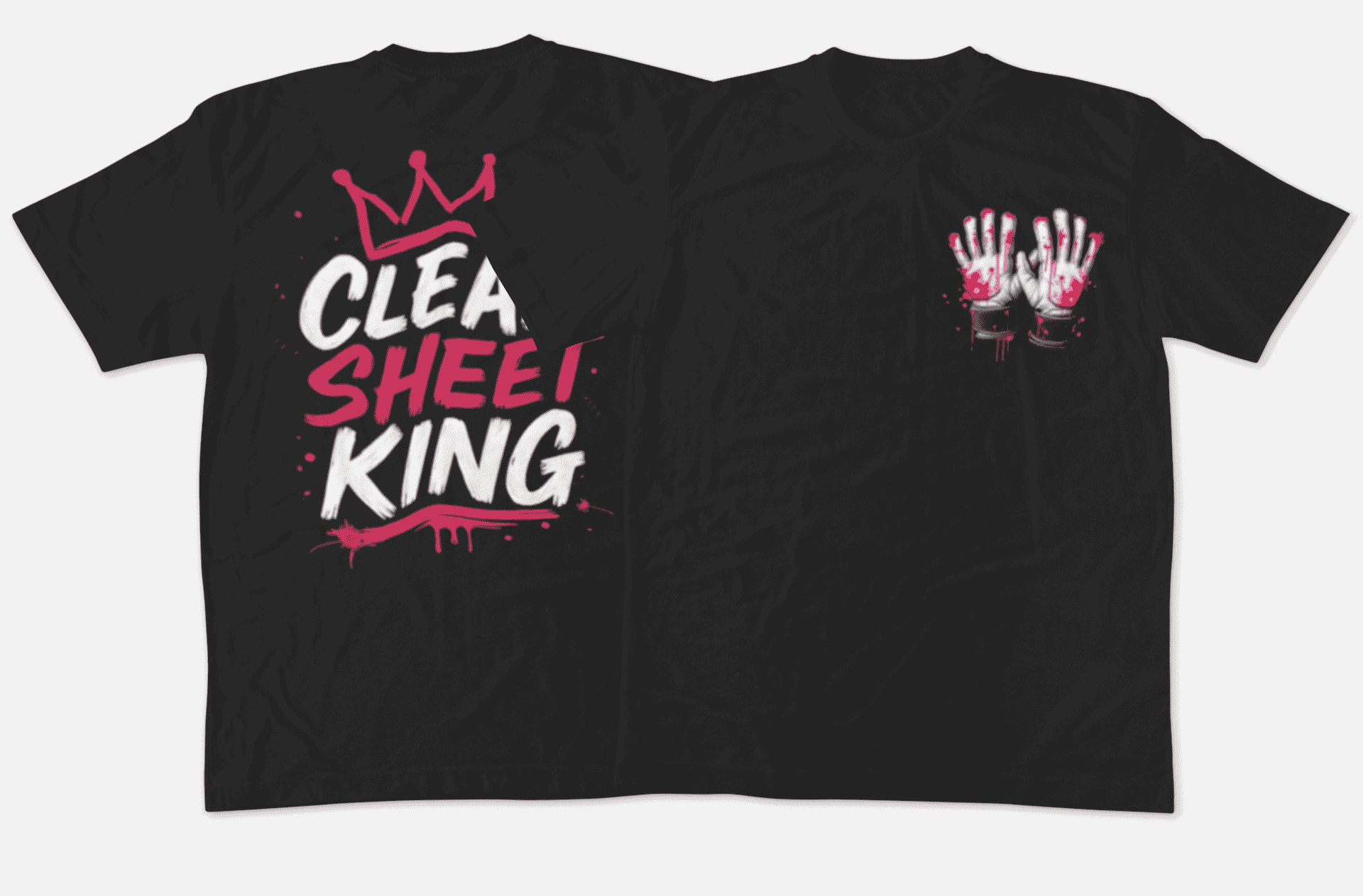 Black t-shirt with pink and white text and graphics on a white background