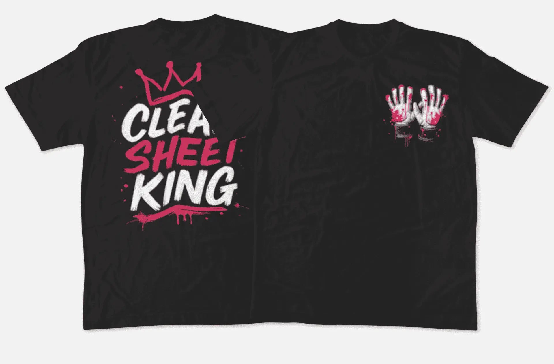Front and back view of "Clean Sheet King" soccer goalie shirt with crown design - men's goalkeeper tee for elite male soccer goalies