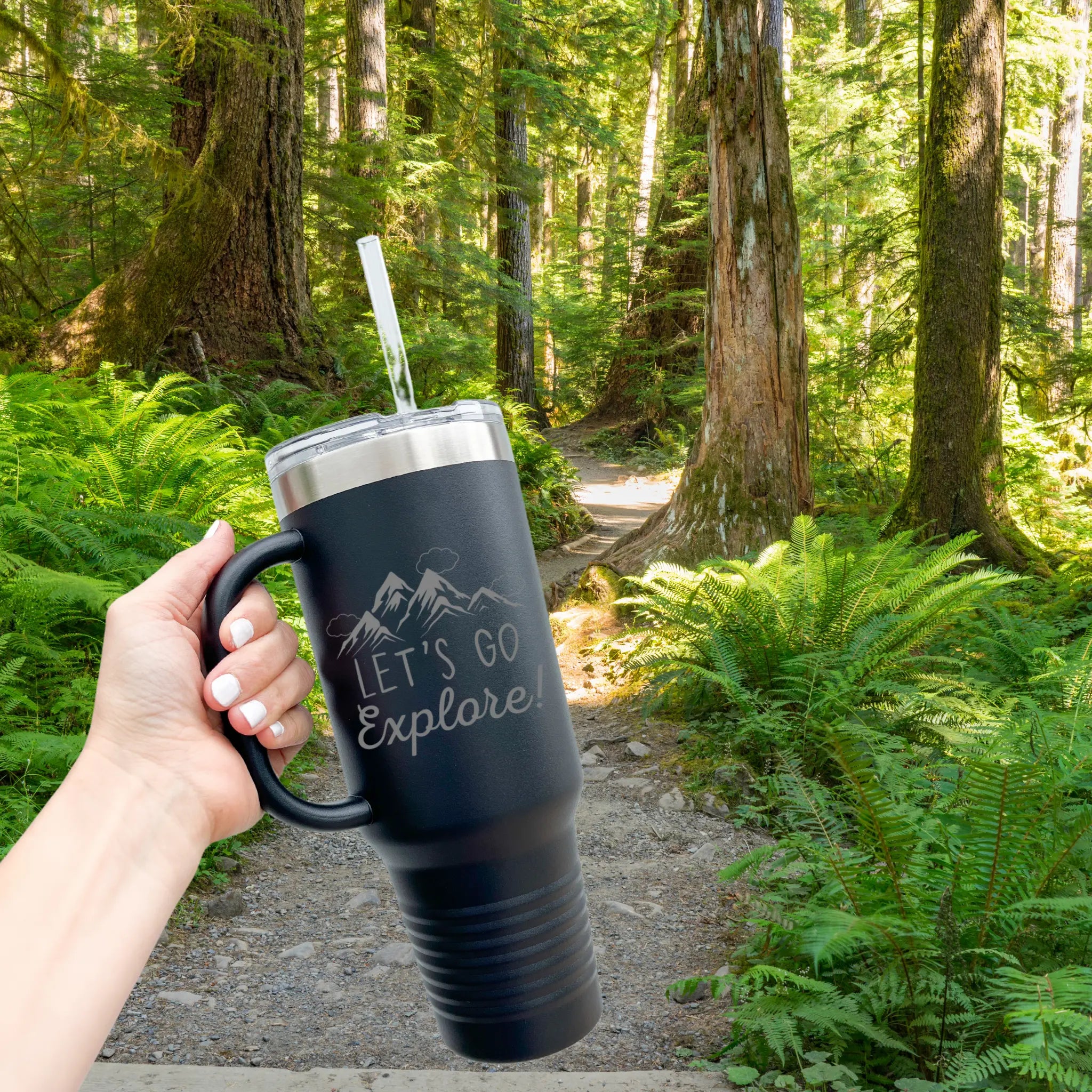 40oz laser etched "Let's Explore" tumbler white with rose gold design - adventure cup with handle perfect for hiking and outdoor enthusiasts