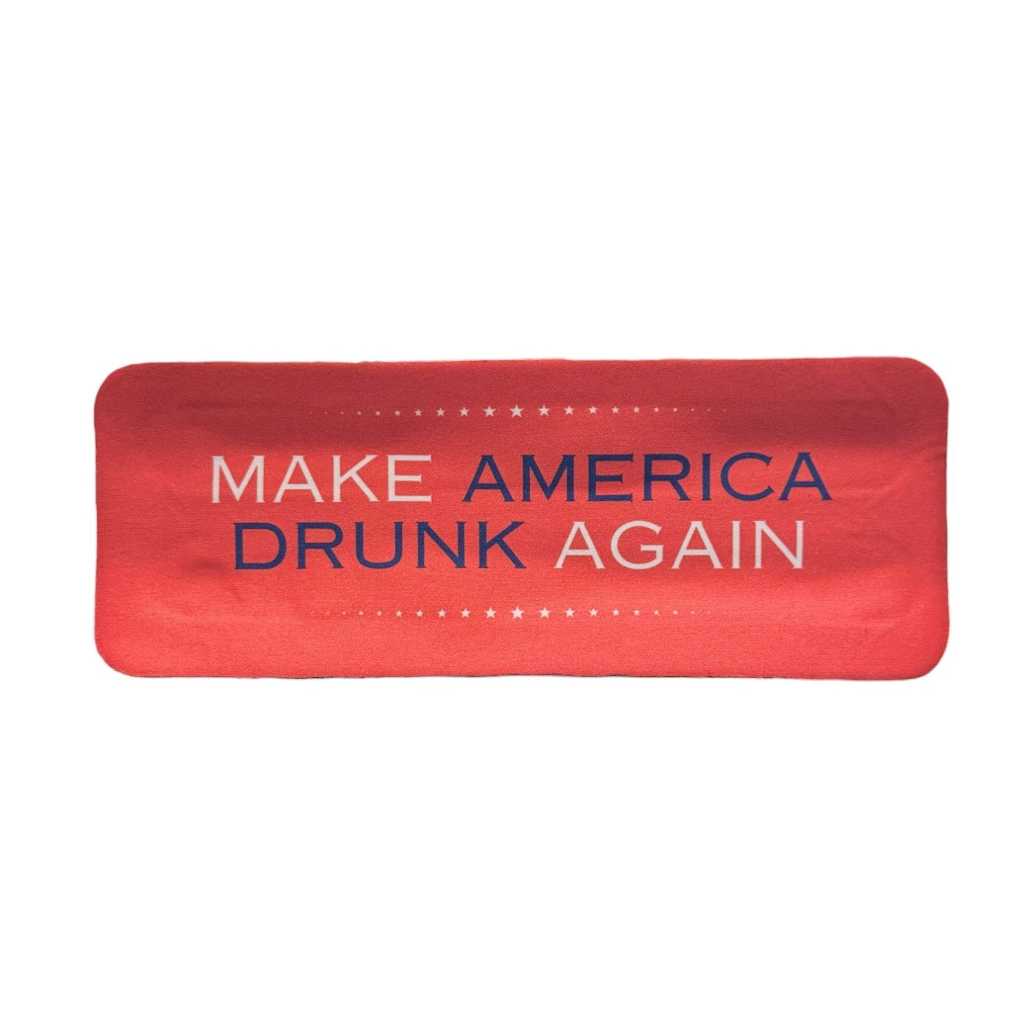 Red koozie with 'Make America Drunk Again' slogan, a humorous and ideal gift for dads looking for a laugh at gatherings or parties