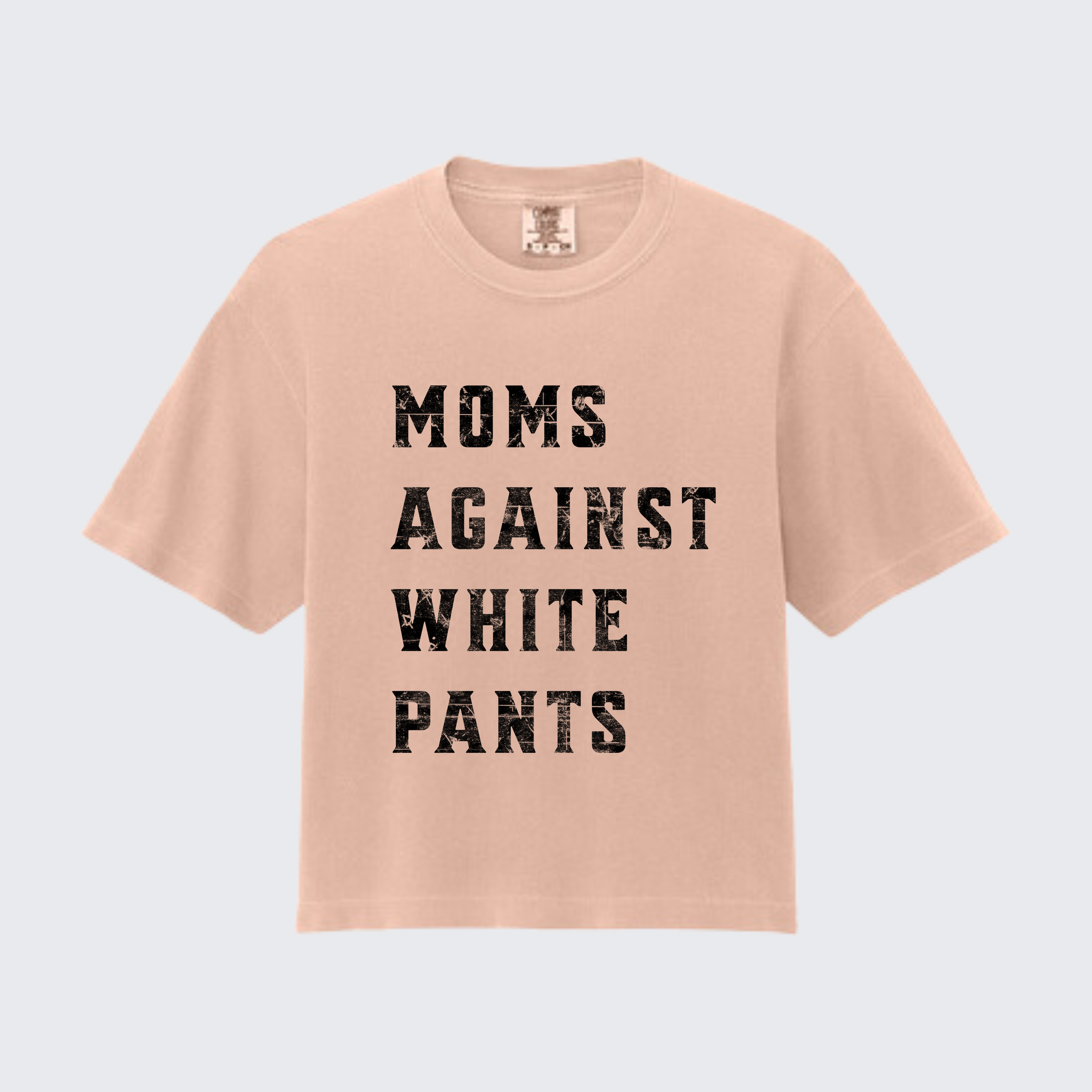 Boxy Peach Moms Against White Pants' Comfort Colors tee for sports moms tired of washing their kids' stained baseball and football pants