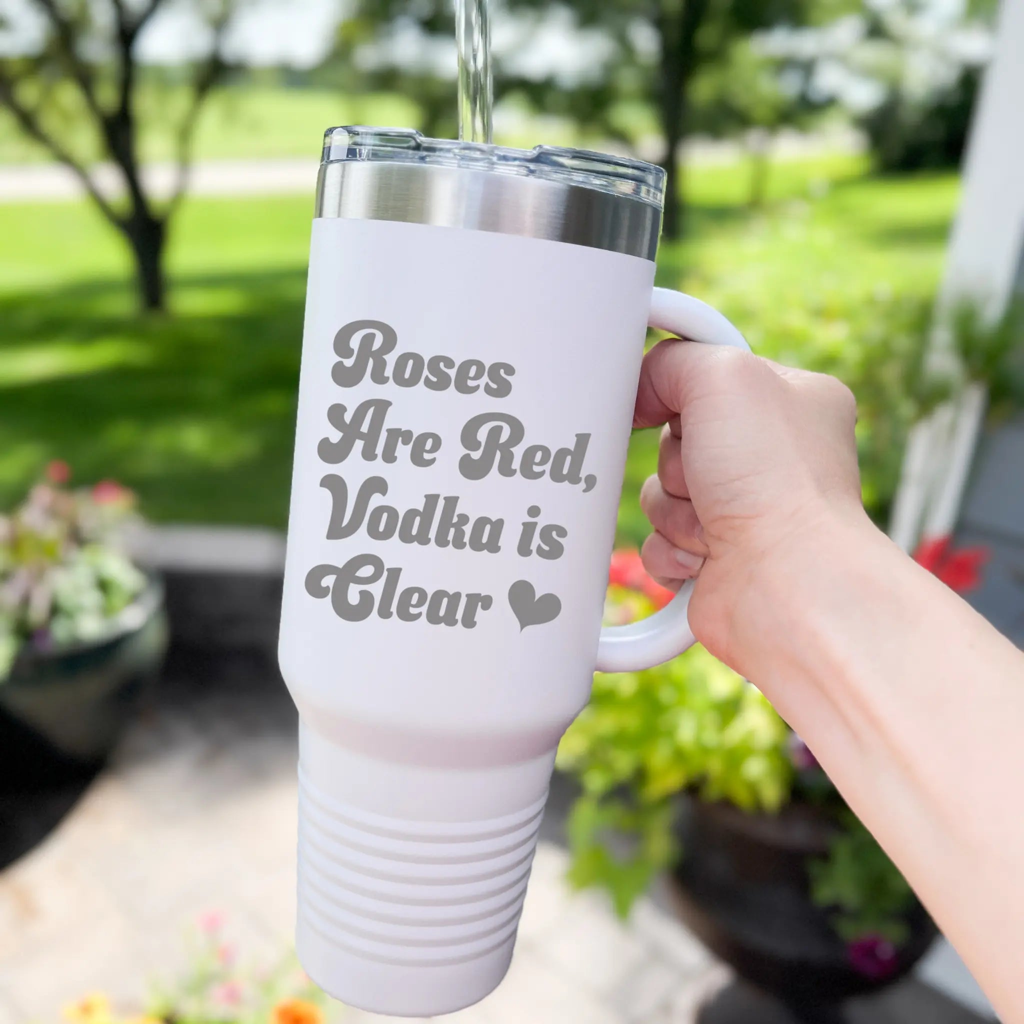 Back view of 40oz laser engraved roses tumbler - insulated handle cup with durable stainless steel construction