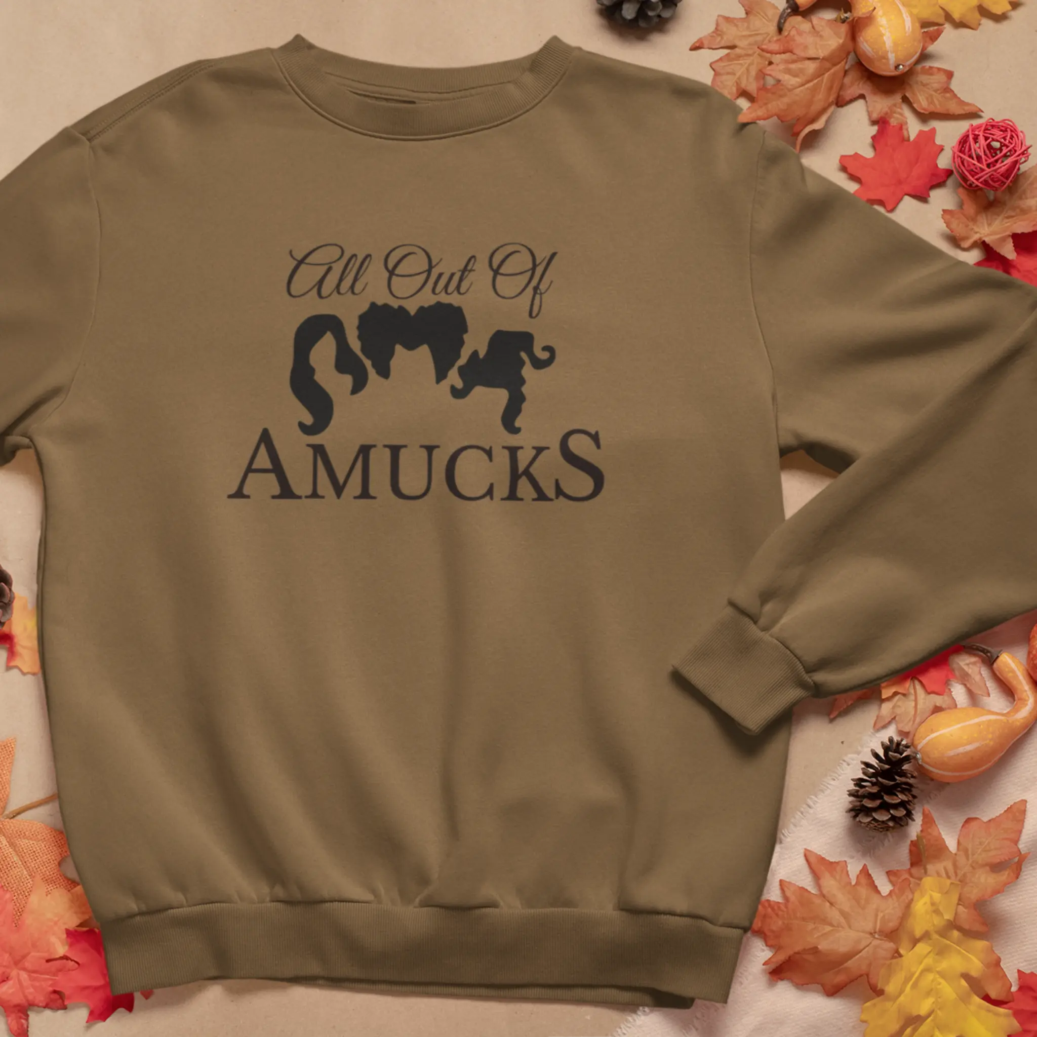 "All Out Of Amucks" duck brown crewneck sweatshirt with fall leaves - Hocus Pocus Sanderson Sisters sweater perfect for Halloween and spooky season