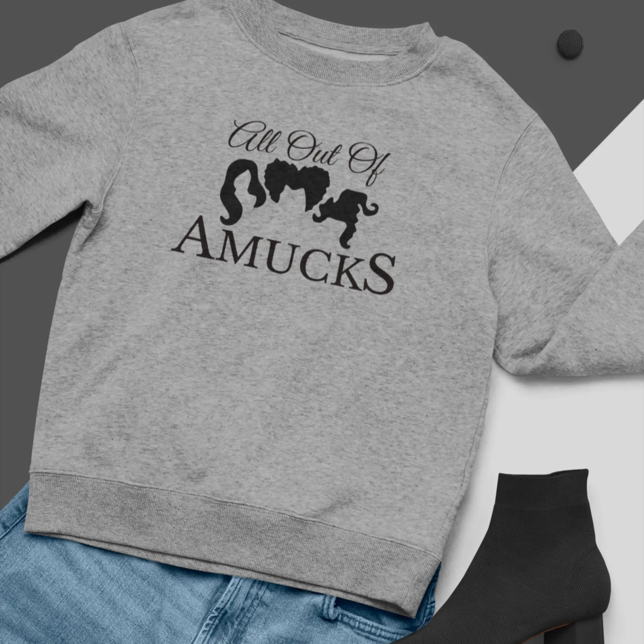 "All Out Of Amucks" heather gray crewneck sweatshirt - Hocus Pocus Halloween sweater with Sanderson Sisters silhouette for witchy vibes