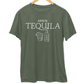 Round neck t-shirt on hanger with “Amen Tequila” text and tequila bottle and drink graphic
