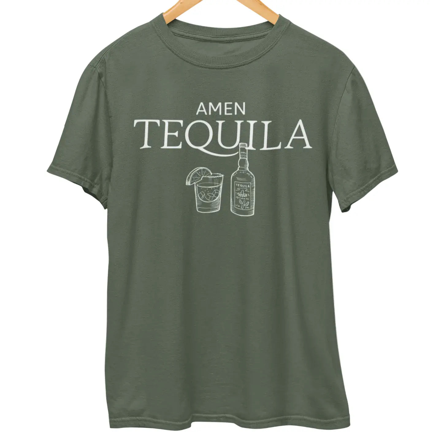 Round neck t-shirt on hanger with “Amen Tequila” text and tequila bottle and drink graphic
