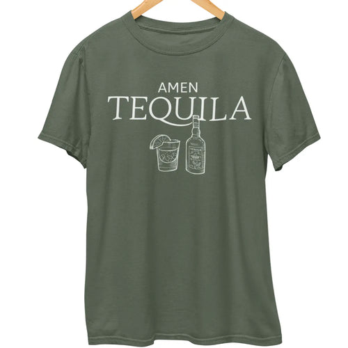 Round neck t-shirt on hanger with “Amen Tequila” text and tequila bottle and drink graphic
