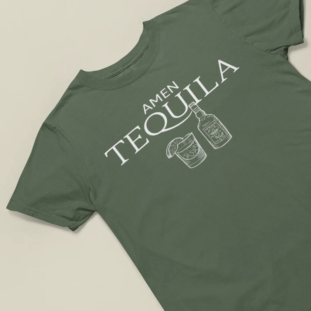 “Amen Tequila” graphic tee on hanger with tequila-themed drink design for party humor
