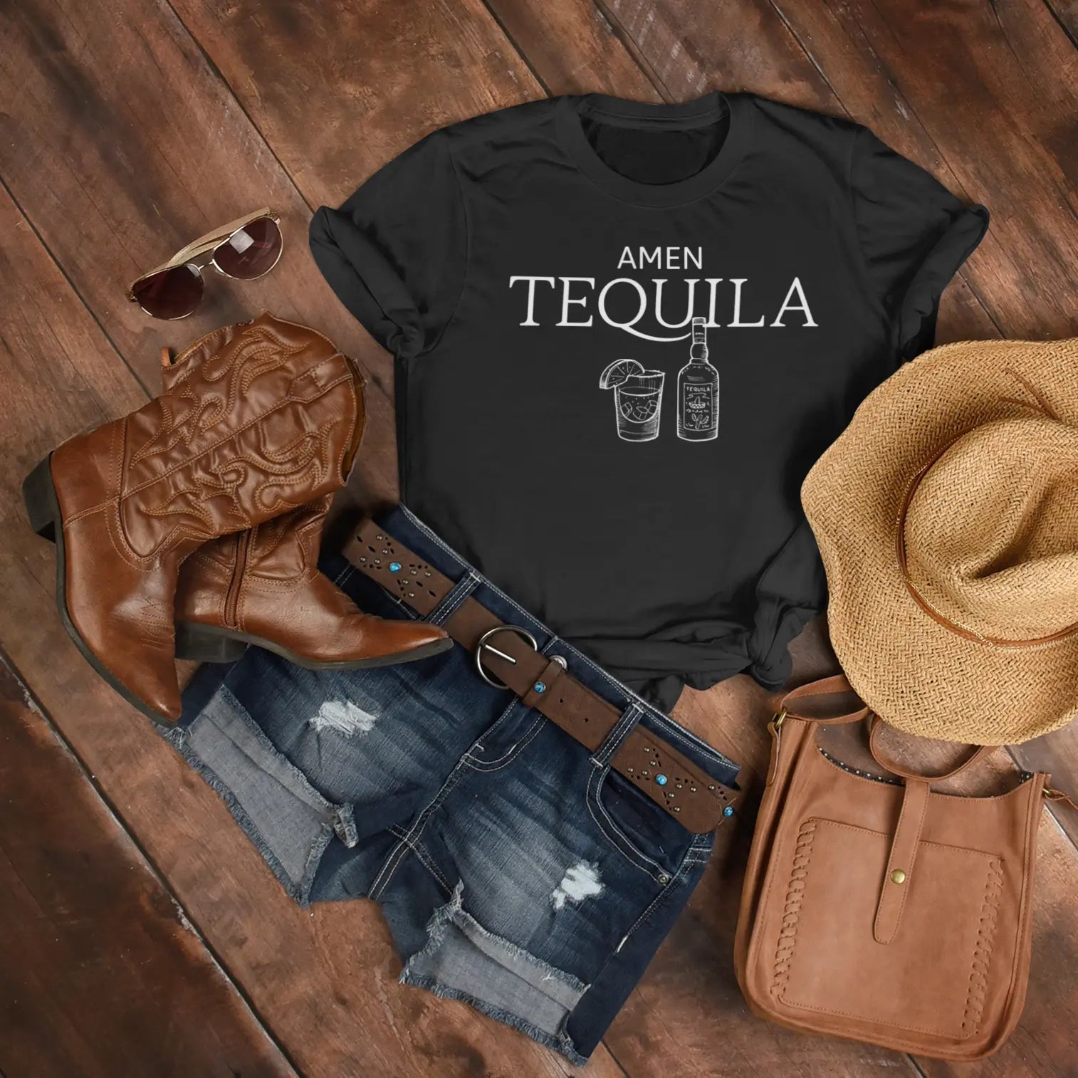 Hanger mockup of “Amen Tequila” tee with tequila bottle and cocktail graphic for funny drinking apparel
