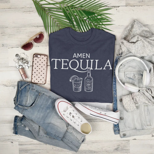 Hanger mockup of “Amen Tequila” t-shirt featuring cocktail glass and tequila bottle illustration
