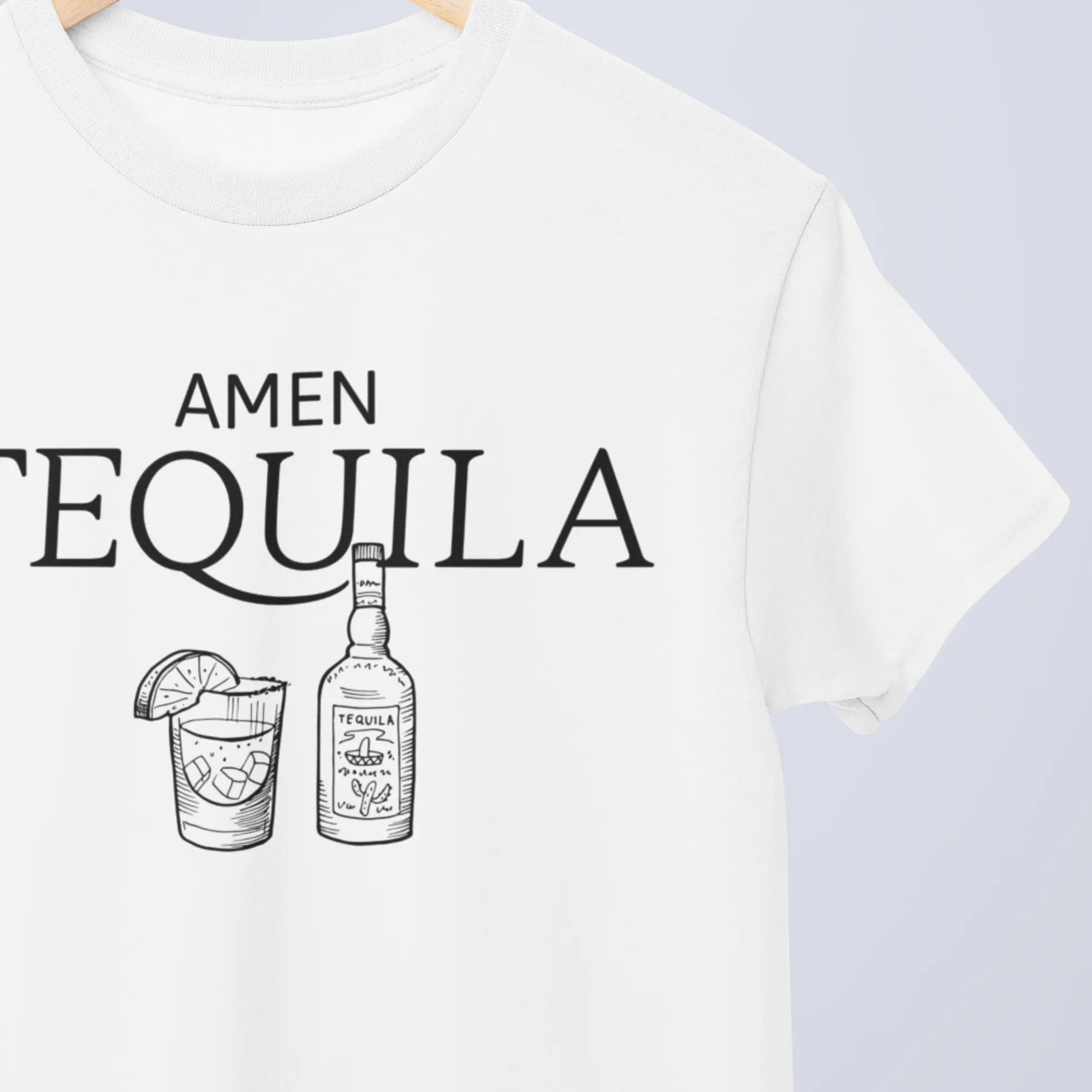 “Amen Tequila” t-shirt on hanger with drinks illustration for tequila lovers and fun party vibes
