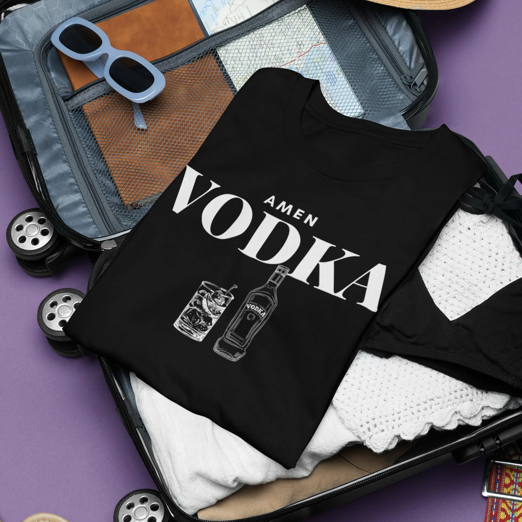 Flat lay of "Amen Vodka" t-shirt - alcohol humor tee for vodka fans, cocktail lovers, and party nights