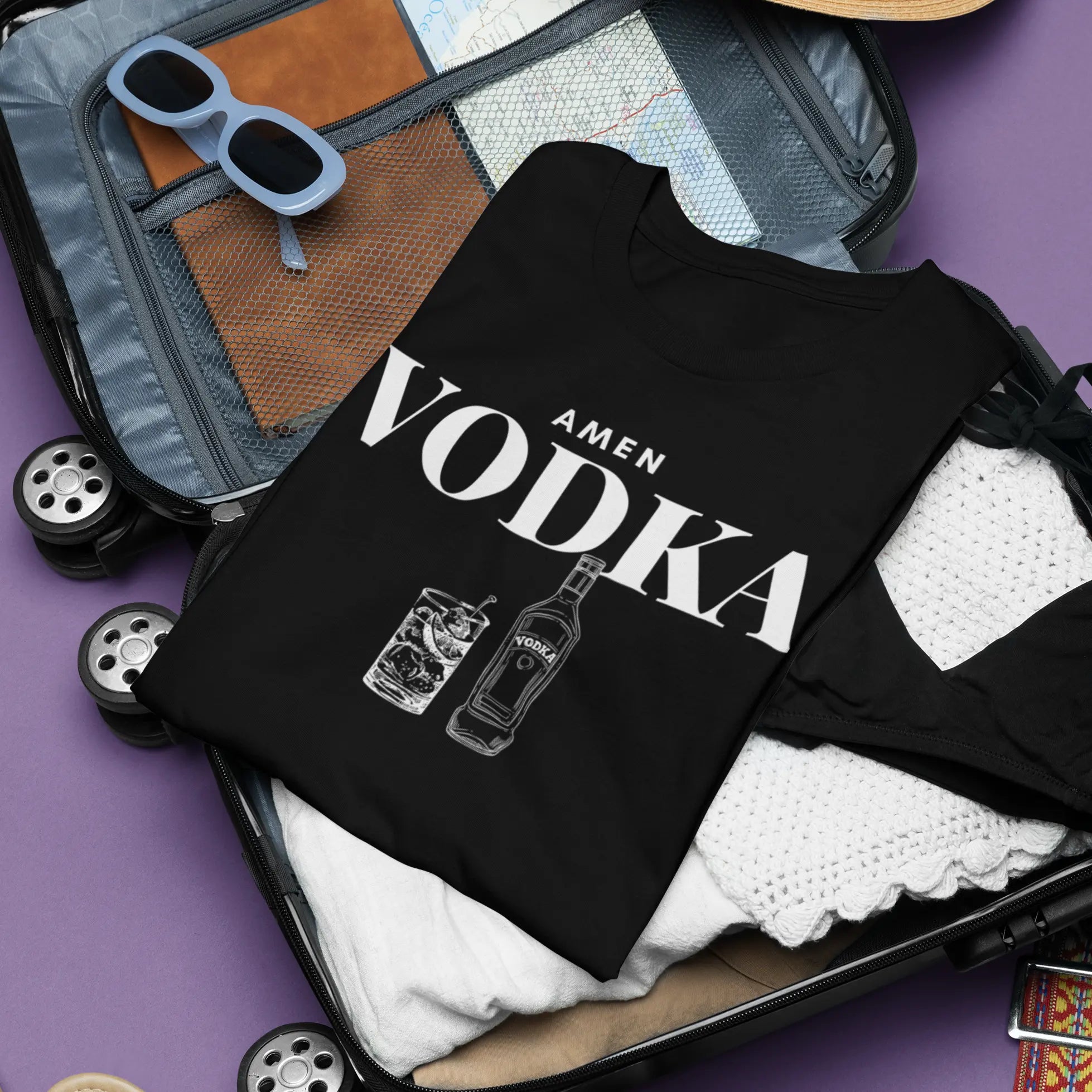 Flat lay of "Amen Vodka" t-shirt - alcohol humor tee for vodka fans, cocktail lovers, and party nights