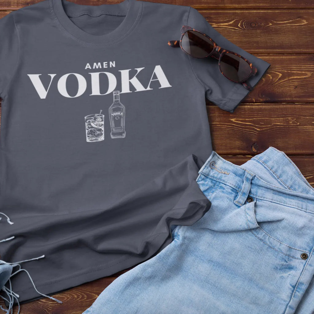 "Amen Vodka" t-shirt - humorous cocktail shirt for drinking enthusiasts and partygoers
