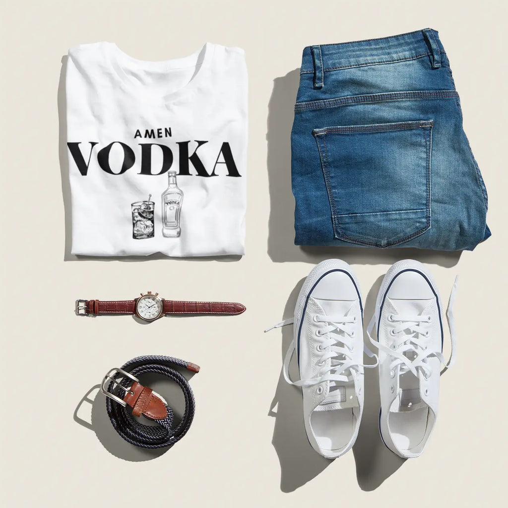 Flat lay of "Amen Vodka" t-shirt with drinks graphic - party outfit for vodka fans and cocktail lovers
