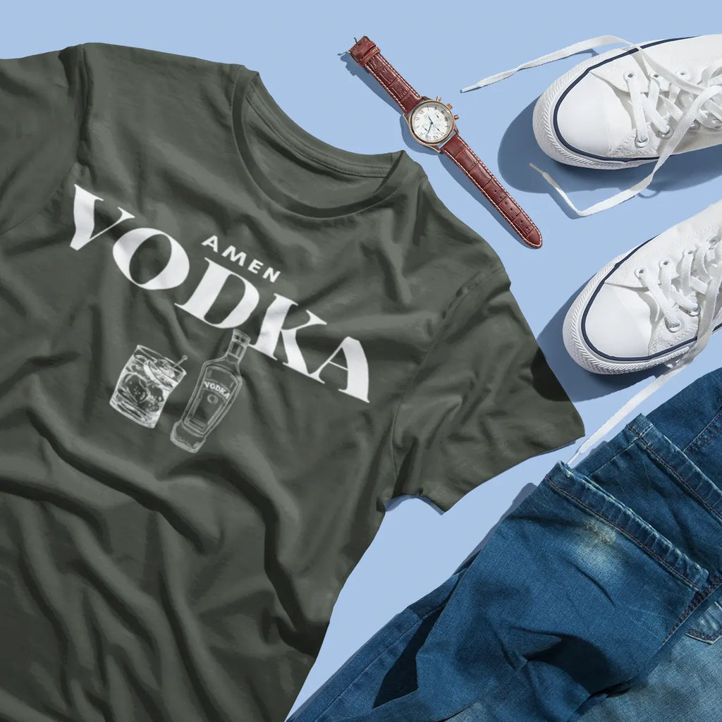 "Amen Vodka" t-shirt with cocktail and bottle design - funny drinking shirt for vodka lovers and party people