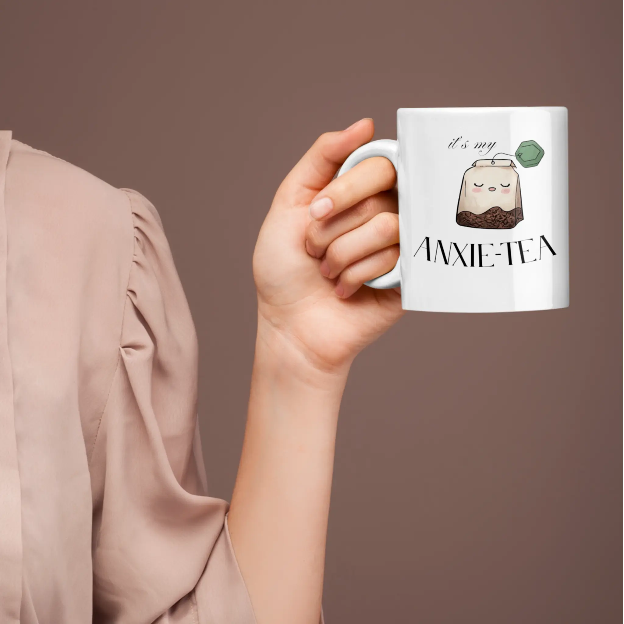 Anxie-Tea funny mug lifestyle shot - perfect gift for anxiety sufferers with sense of humor, ceramic coffee cup