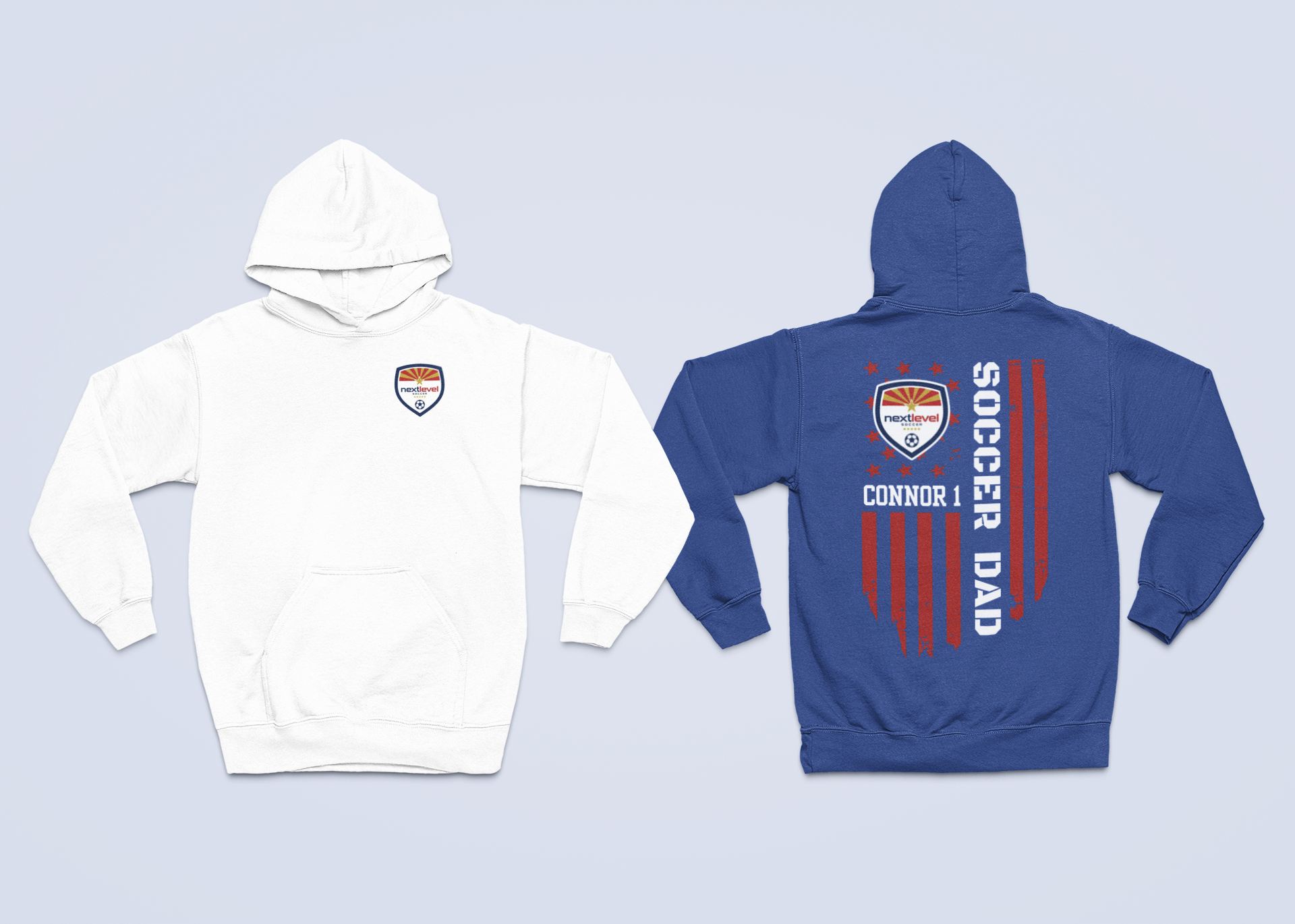 Customizable soccer team hoodies featuring team logo, player name, and number with color-matched flag and text, perfect for soccer fans and players