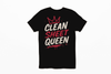 Black t-shirt with 'Clean Sheet Queen' text and red crown on a white background