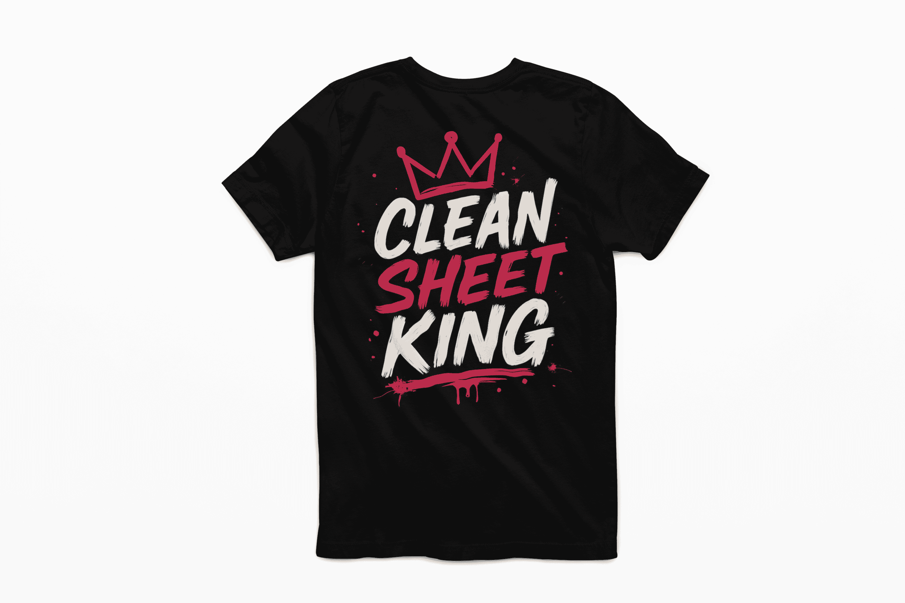 Black t-shirt with 'Clean Sheet King' text and crown graphic on a white background