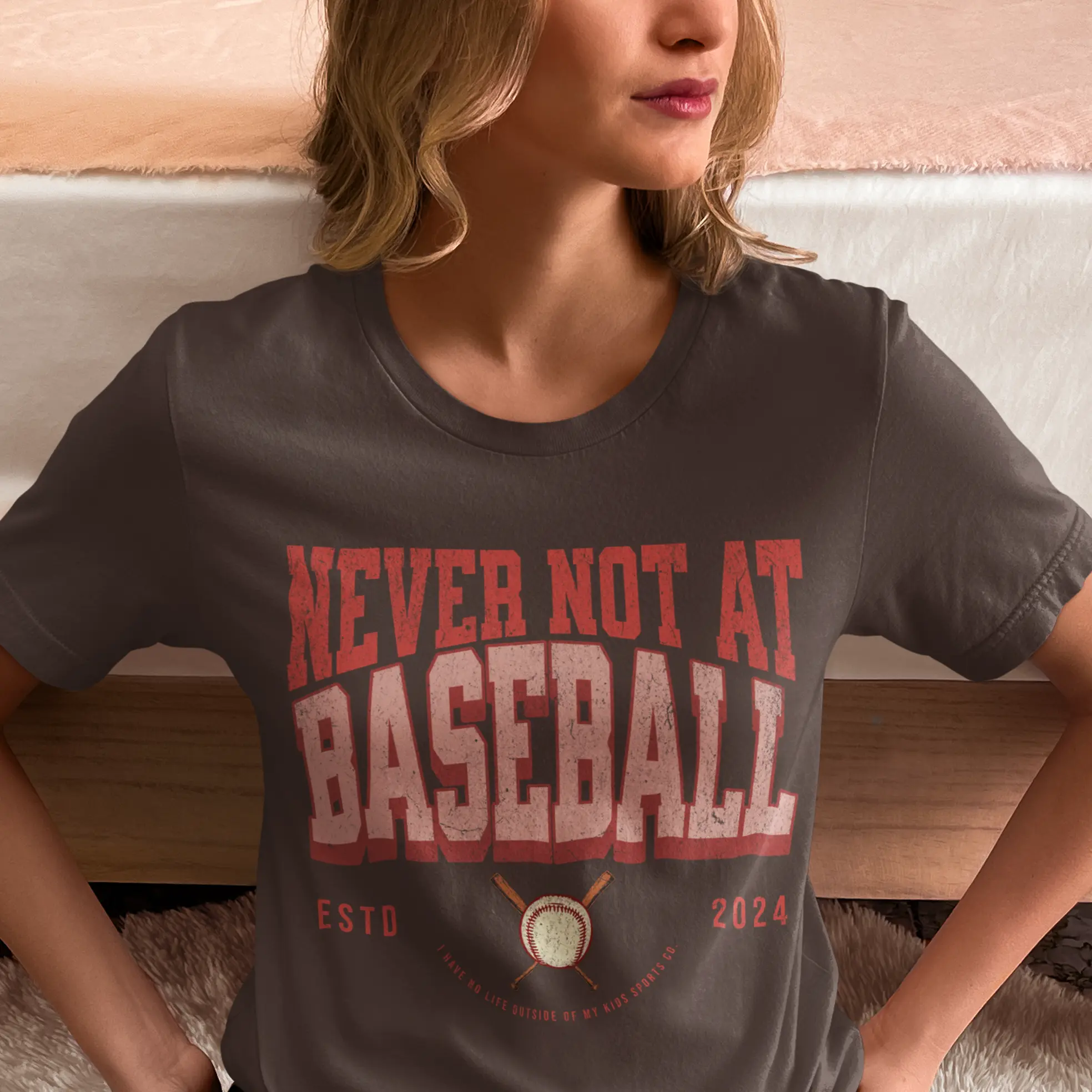 “Never Not At Baseball” graphic tee with baseball icon and ESTD 2024, baseball mom gift idea