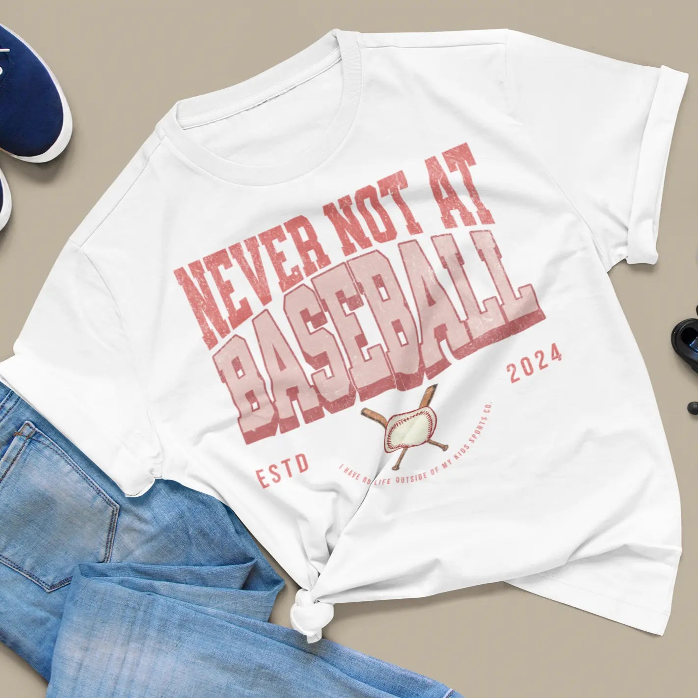 Baseball season shirt for sports moms featuring “Never Not At Baseball” text, comfy everyday tee