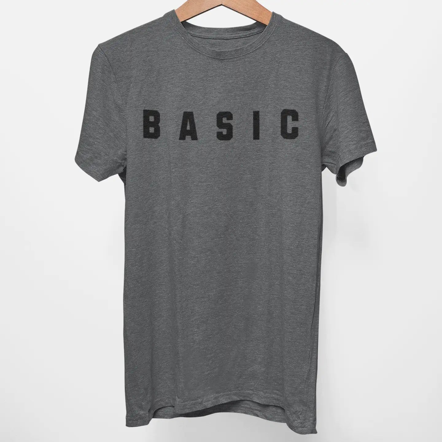 Heathered "BASIC" organic cotton tee hanger mockup - ultra-soft minimalist shirt with bold attitude