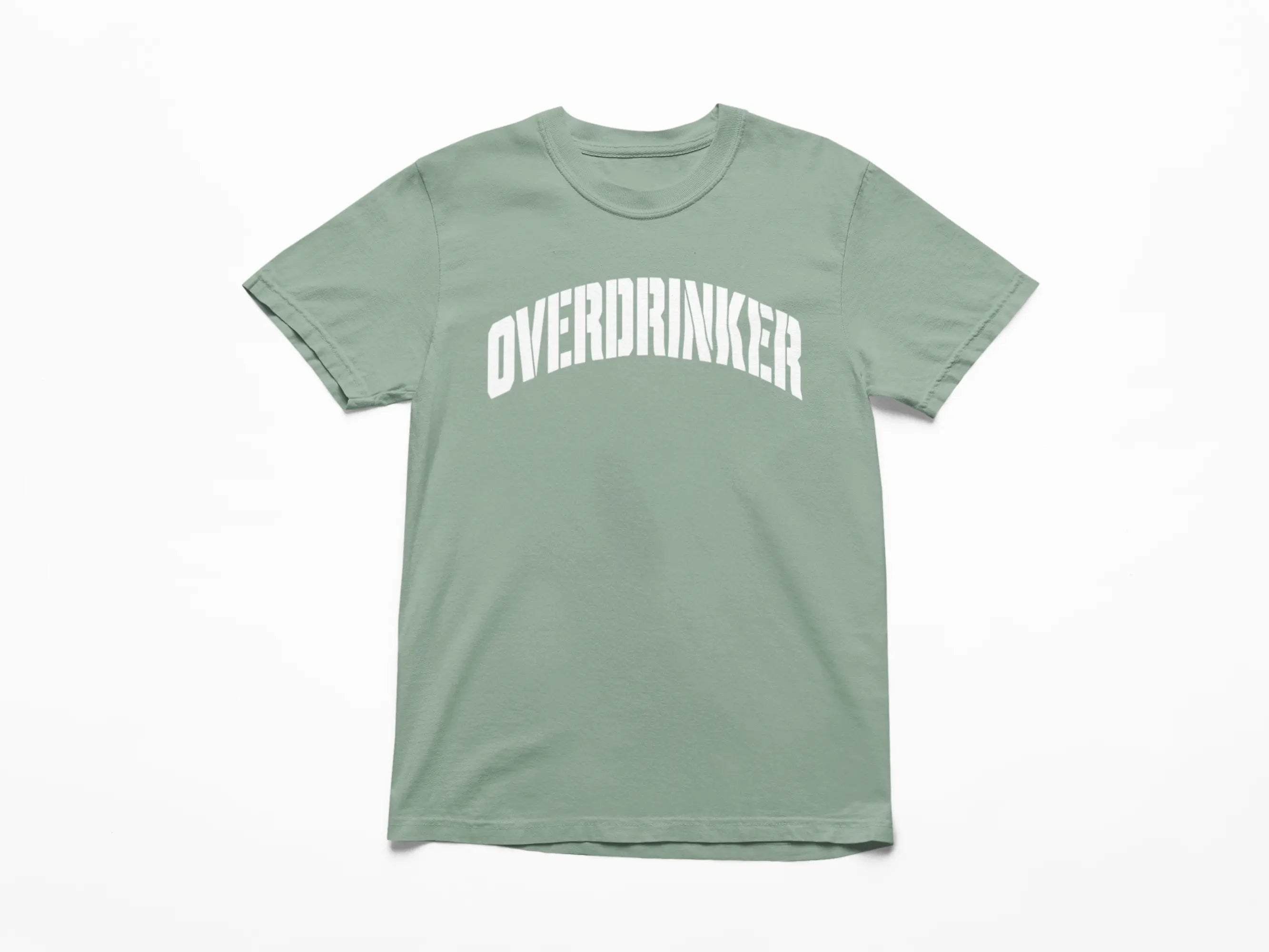 Green t-shirt with 'OVERDRINKER' text on a white background
