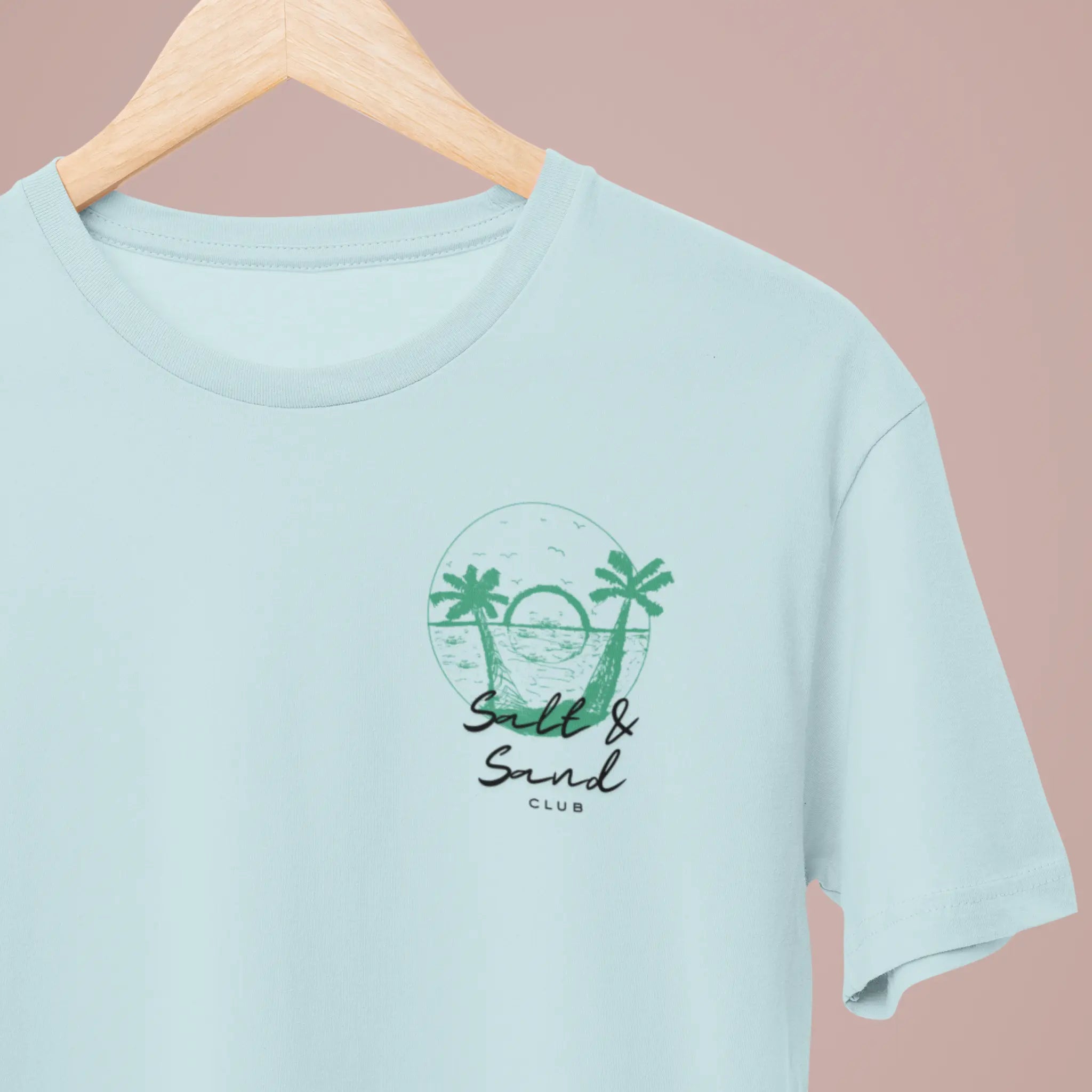 “Salt & Sand Club” coastal t-shirt with sunset and palm trees, beach trip and resort wear vibe