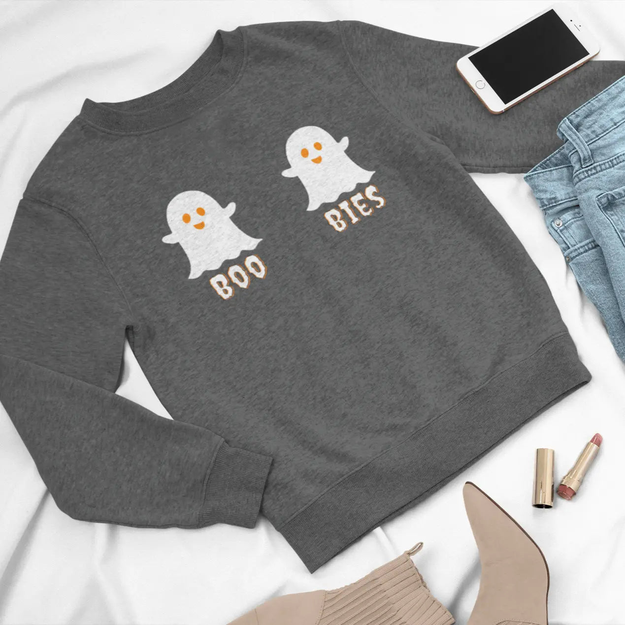 Detail shot of "Boo Bies" Halloween sweatshirt showing ghost boobs design - funny Halloween sweater for women who love spooky humor