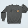 "Calm Your Mitts" dark gray sweatshirt with baseball glove design - funny sports humor apparel for baseball and softball parents and players