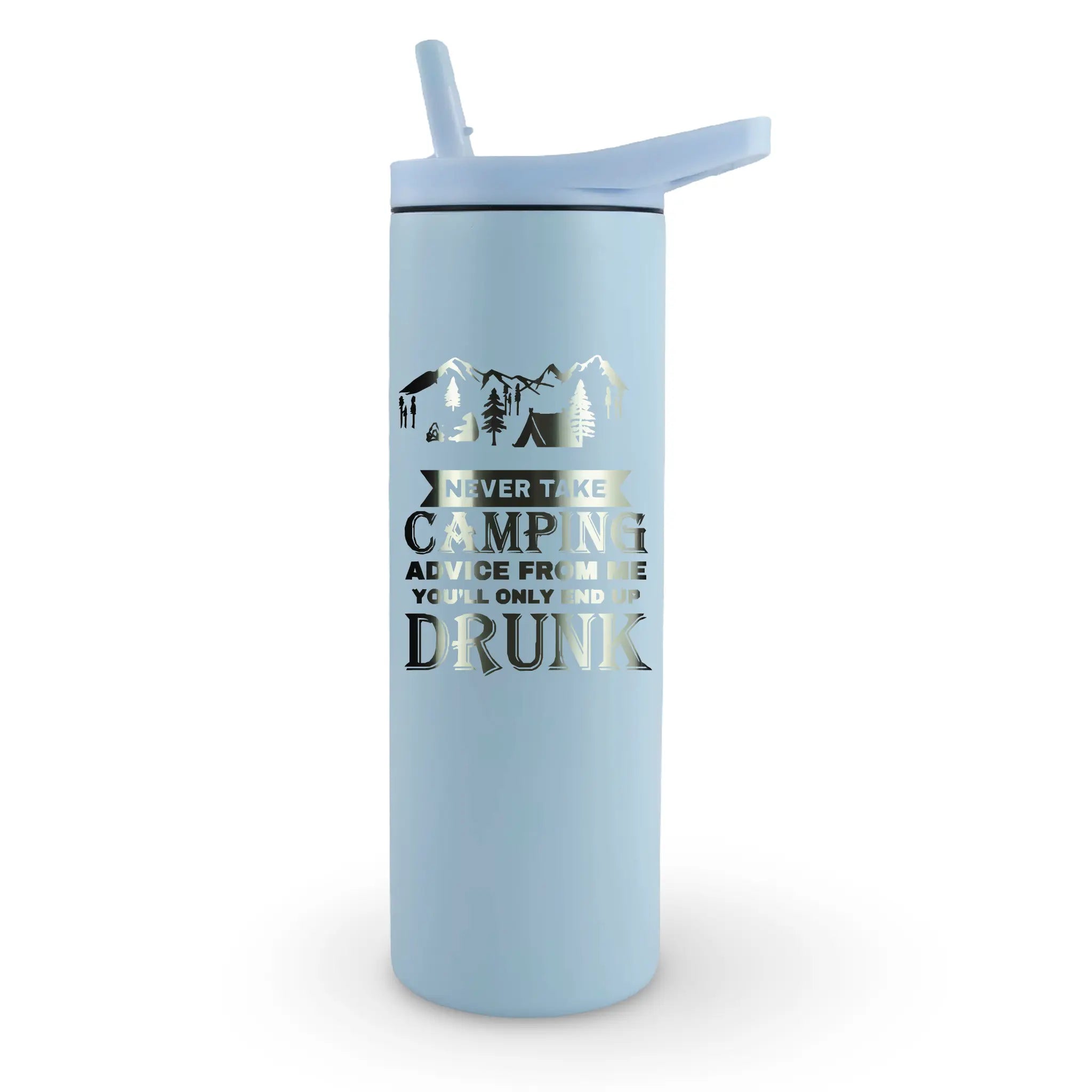 Light Blue 20 oz tumbler with camping quote and mountain design, funny outdoors drinkware for campers
