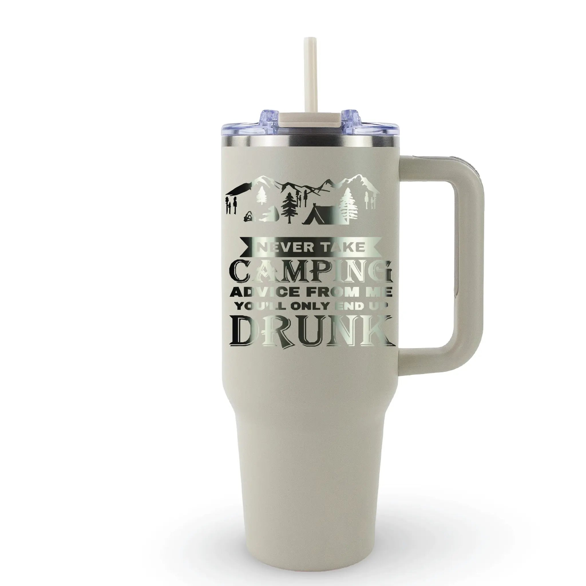 Camping themed 40 oz tumbler with mountain graphic and adult humor camping quote, funny gift for outdoors lovers