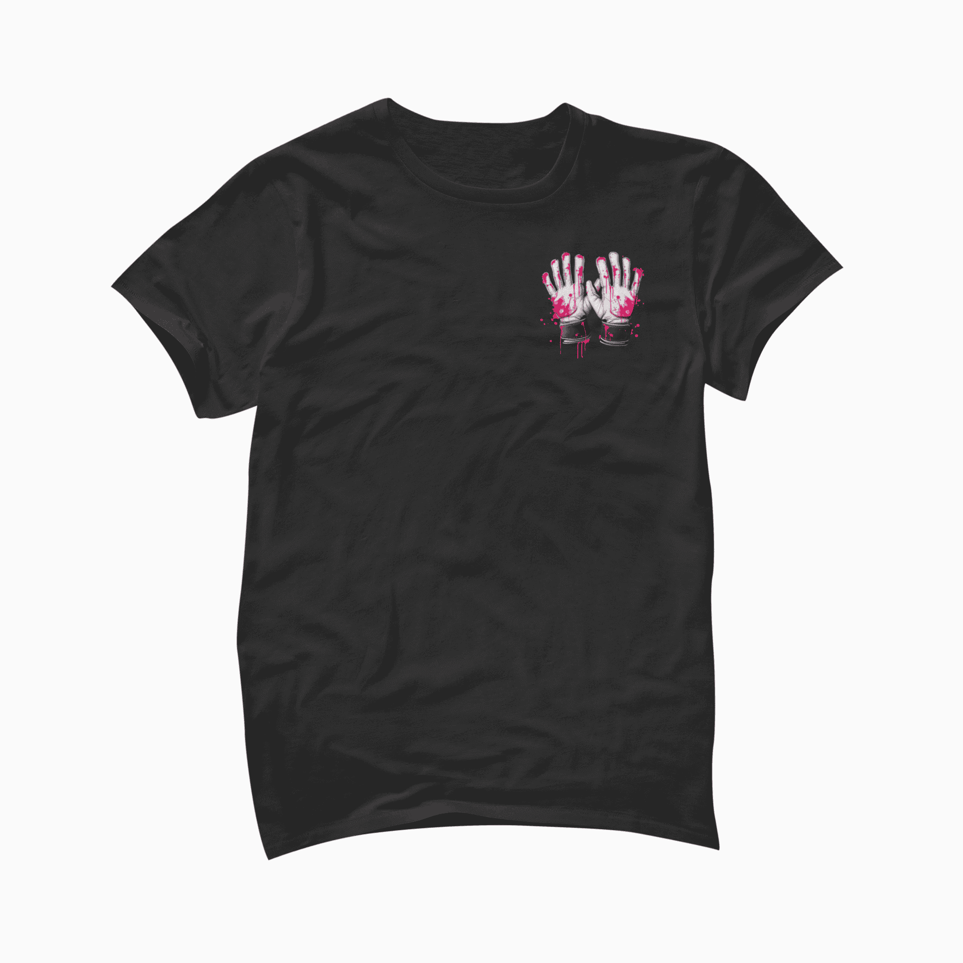 Black t-shirt with a graphic design on the chest against a white background