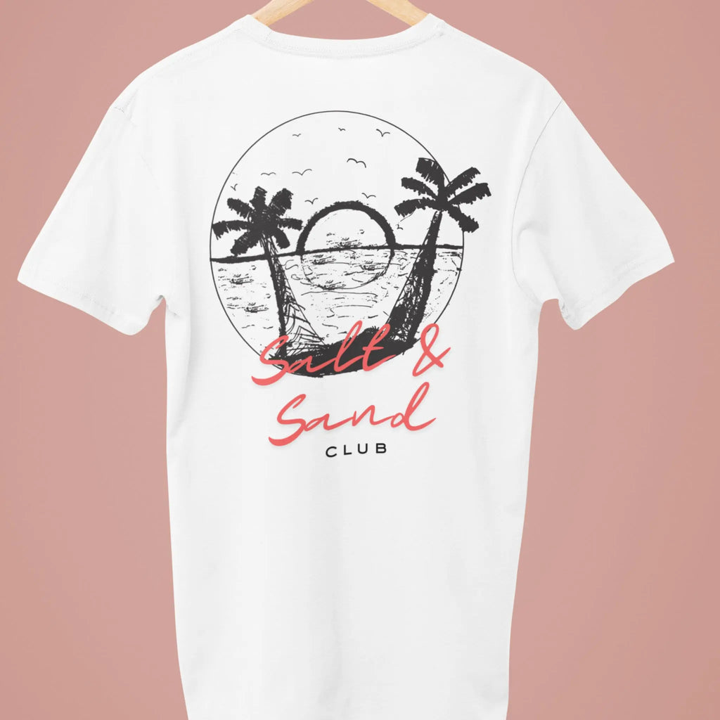 White t-shirt with small “Salt & Sand Club” script logo on front left chest, minimalist beach tee