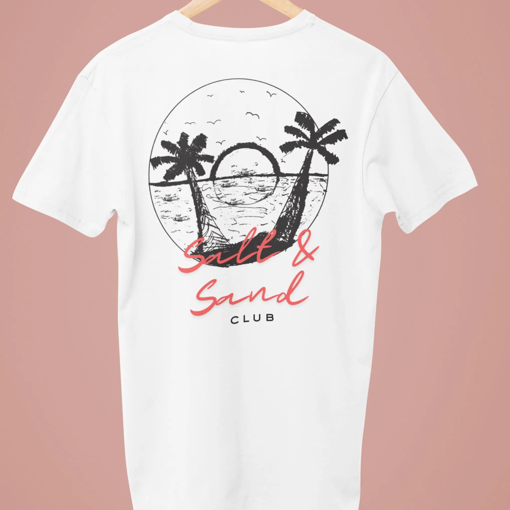 White t-shirt with small “Salt & Sand Club” script logo on front left chest, minimalist beach tee