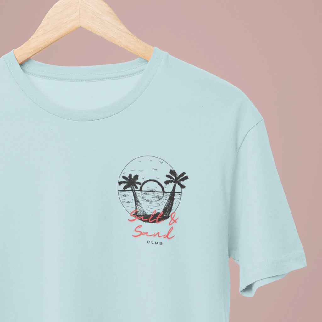 Coastal beach club t-shirt with “Salt & Sand Club” text and palm tree sunset illustration