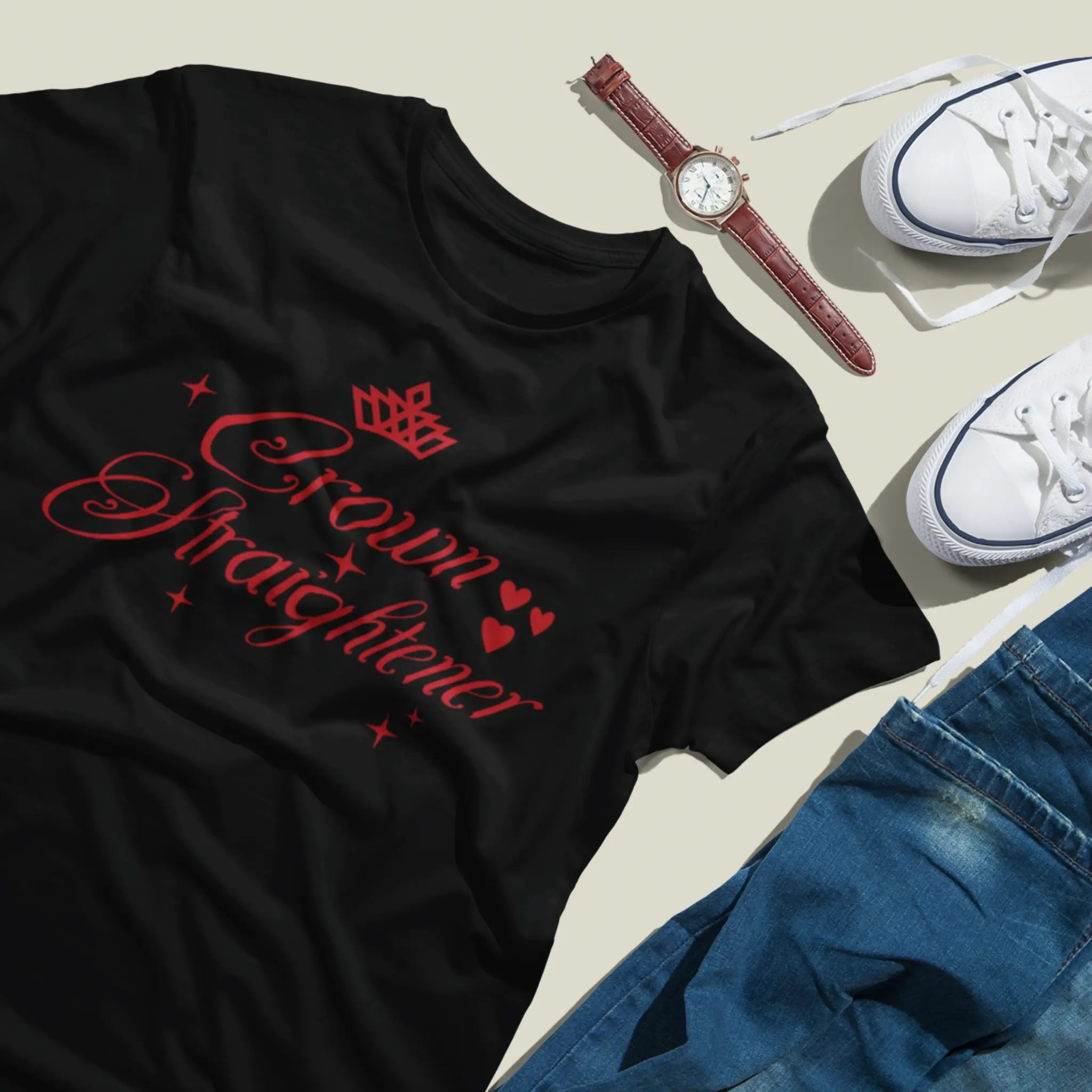 "Crown Straightener" tee in black with red text - girls playing in shopping cart lifestyle shot perfect for fun fashion and friendship vibes
