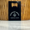 Custom full color bottle opener with "Garage Beer Social Club" logo on wood background - personalized bar accessory perfect for breweries and beer lovers