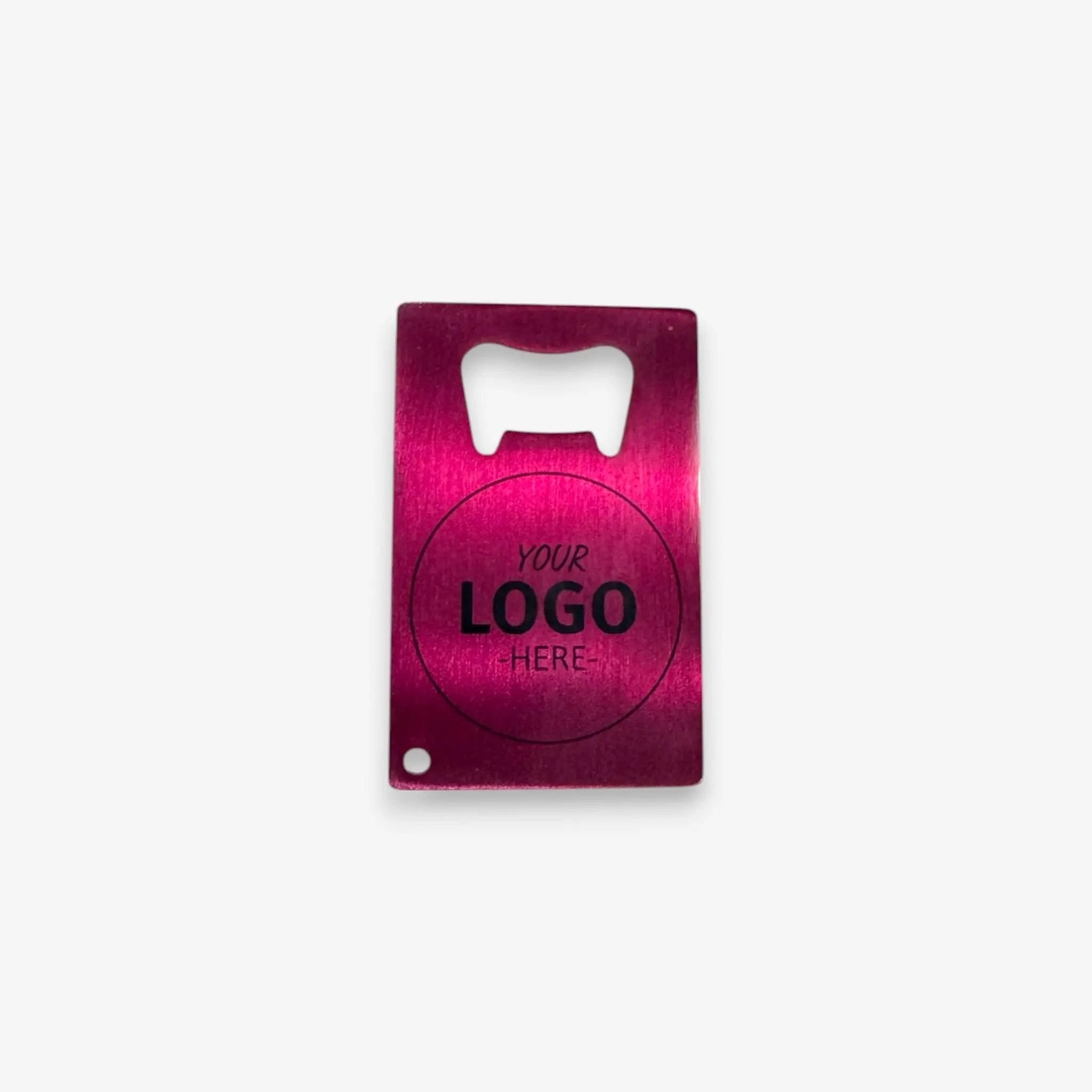 Pink metallic custom full color bottle opener with "Your Logo Here" placeholder - personalized business branding promotional gift ideal for corporate events