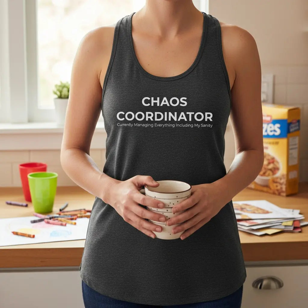 Woman wearing "Chaos Coordinator" gray tank top - funny mom life tank for parents managing daily chaos and multitasking madness