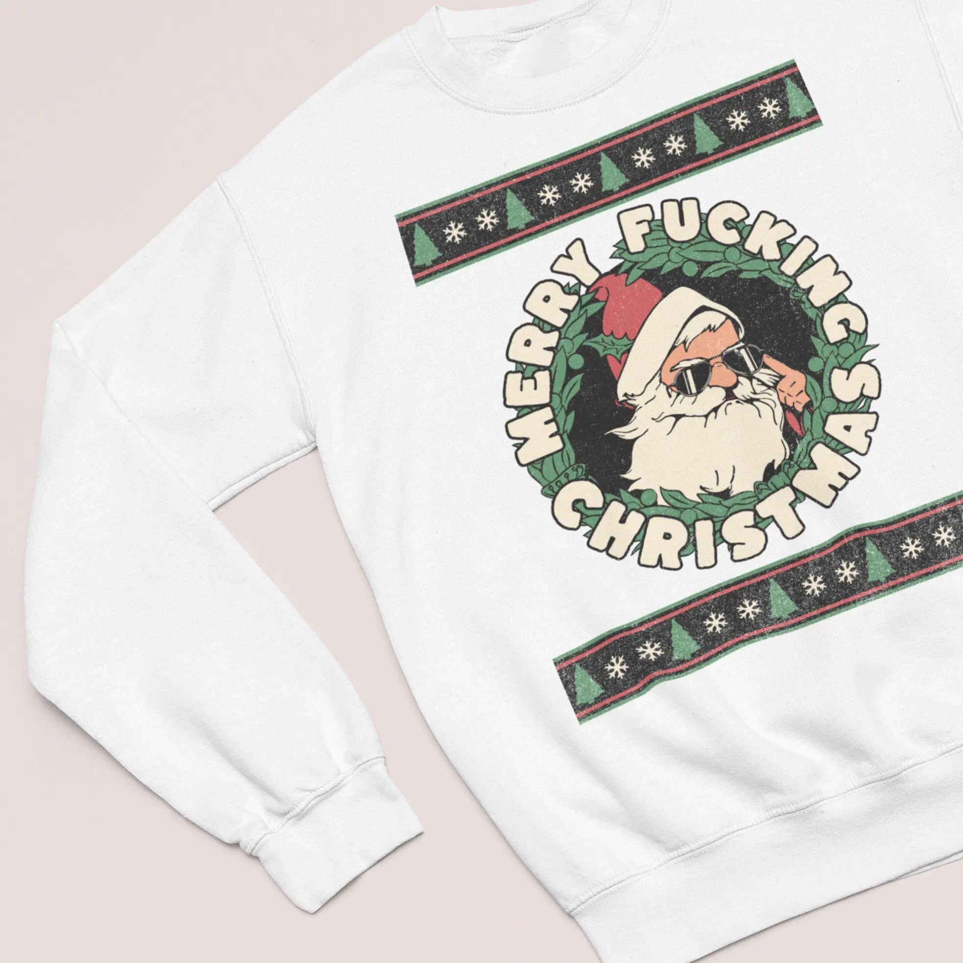 Edgy holiday sweatshirt with Santa wreath graphic and “Merry Fucking Christmas” saying, funny Christmas outfit